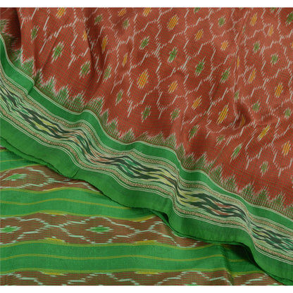 Sanskriti Vintage Saree Pochampally Red HandWoven Ikat Pure Silk Sari 5yd Fabric