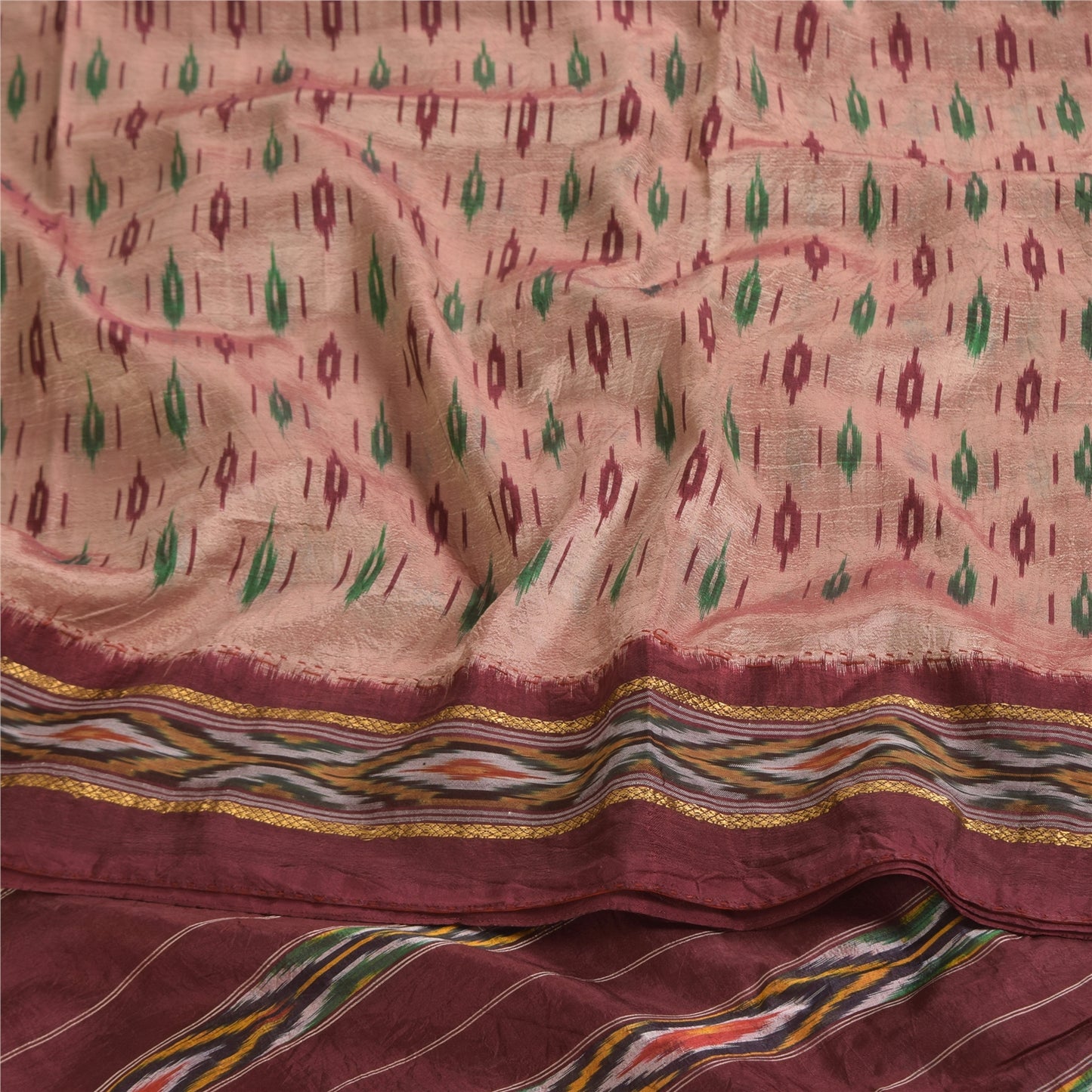 Sanskriti Vintage Sarees Ikat Handwoven Pochampally Pure Silk Sari 5+yd Fabric