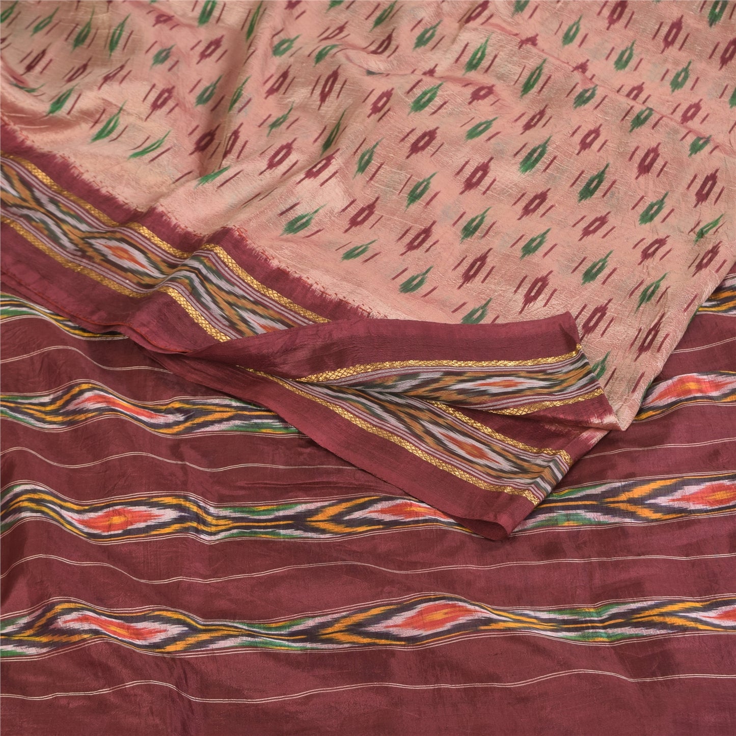 Sanskriti Vintage Sarees Ikat Handwoven Pochampally Pure Silk Sari 5+yd Fabric