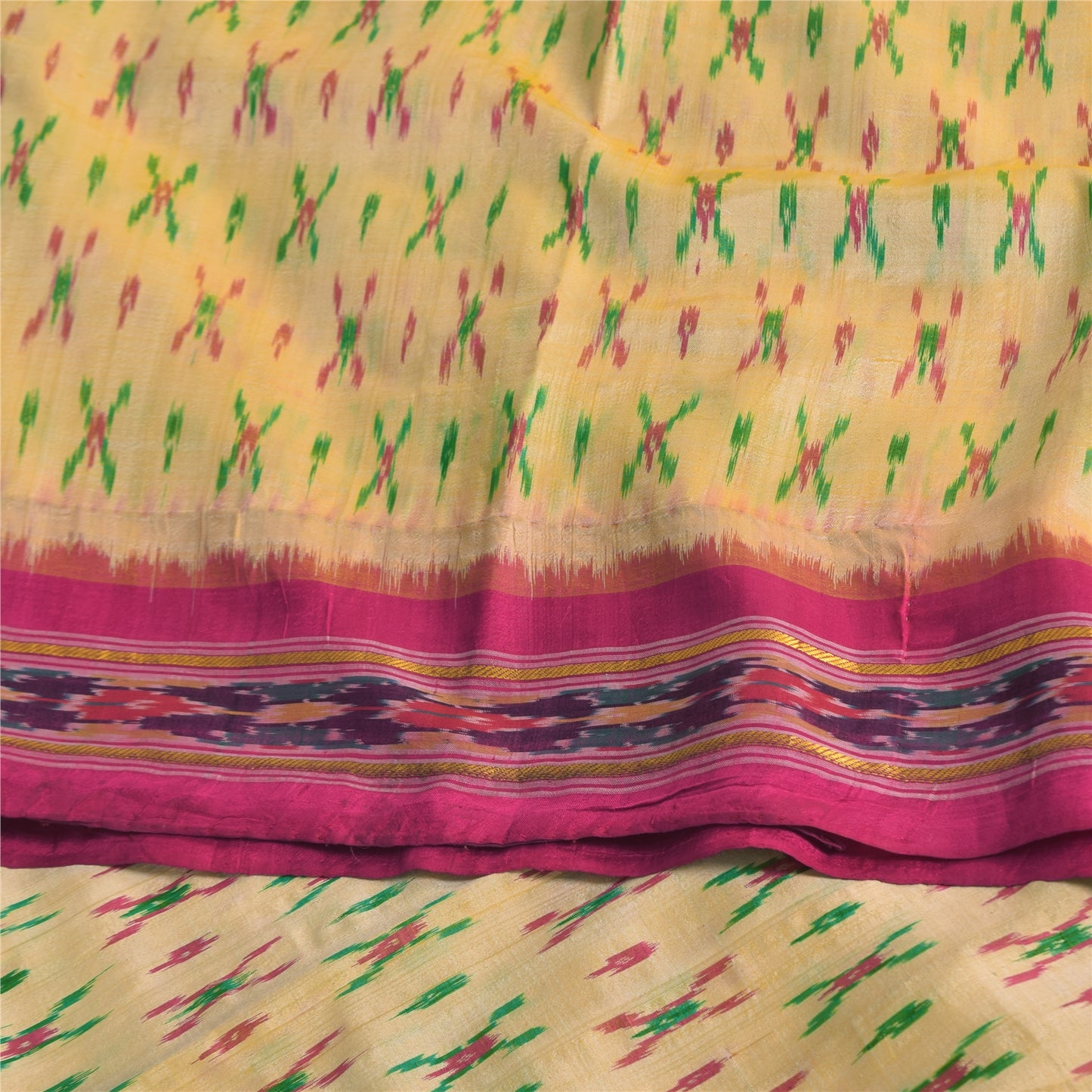 Sanskriti Vintage Sarees Pochampally Ikat Handwoven Pure Silk Sari 5+yd Fabric