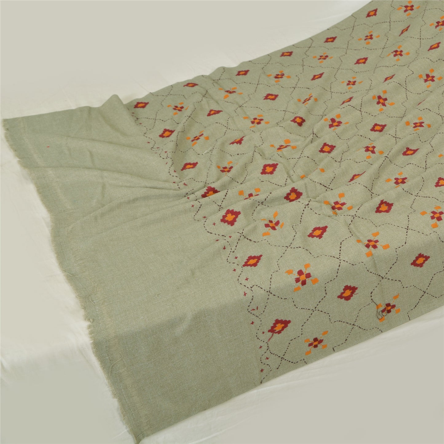 Sanskriti Vintage Long Shawl Grey Hand Embroidered Woolen Scarf Throw Stole