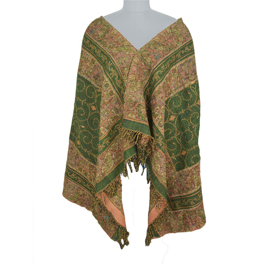 Sanskriti Vintage Green Woolen Shawl Handmade Woven Suzani Work Throw Stole