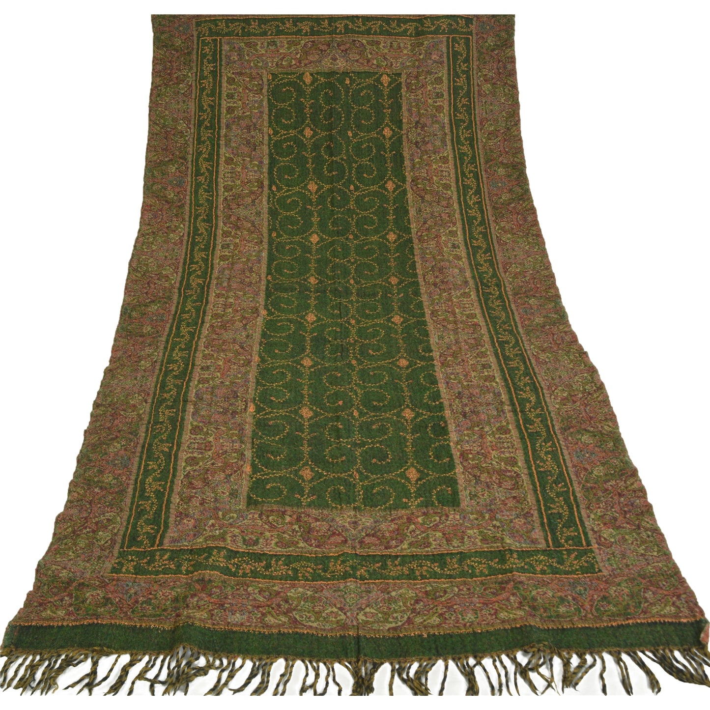 Sanskriti Vintage Green Woolen Shawl Handmade Woven Suzani Work Throw Stole