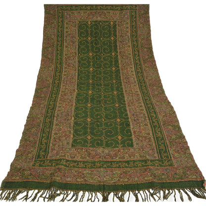 Sanskriti Vintage Green Woolen Shawl Handmade Woven Suzani Work Throw Stole