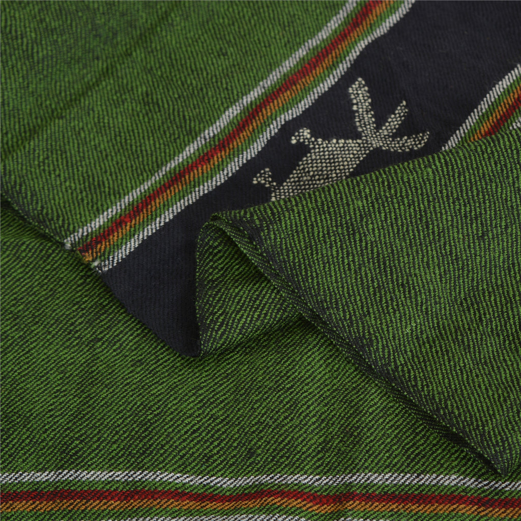 Sanskriti Vintage Long Shawl Green Woven Wool Throw Wrap Thread Work Soft Stole