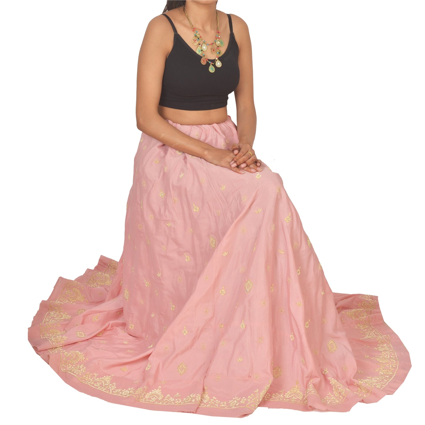 Sanskriti Vintage Long Skirt 100% Pure Silk Pink Hand Beaded Unstitched Lehenga