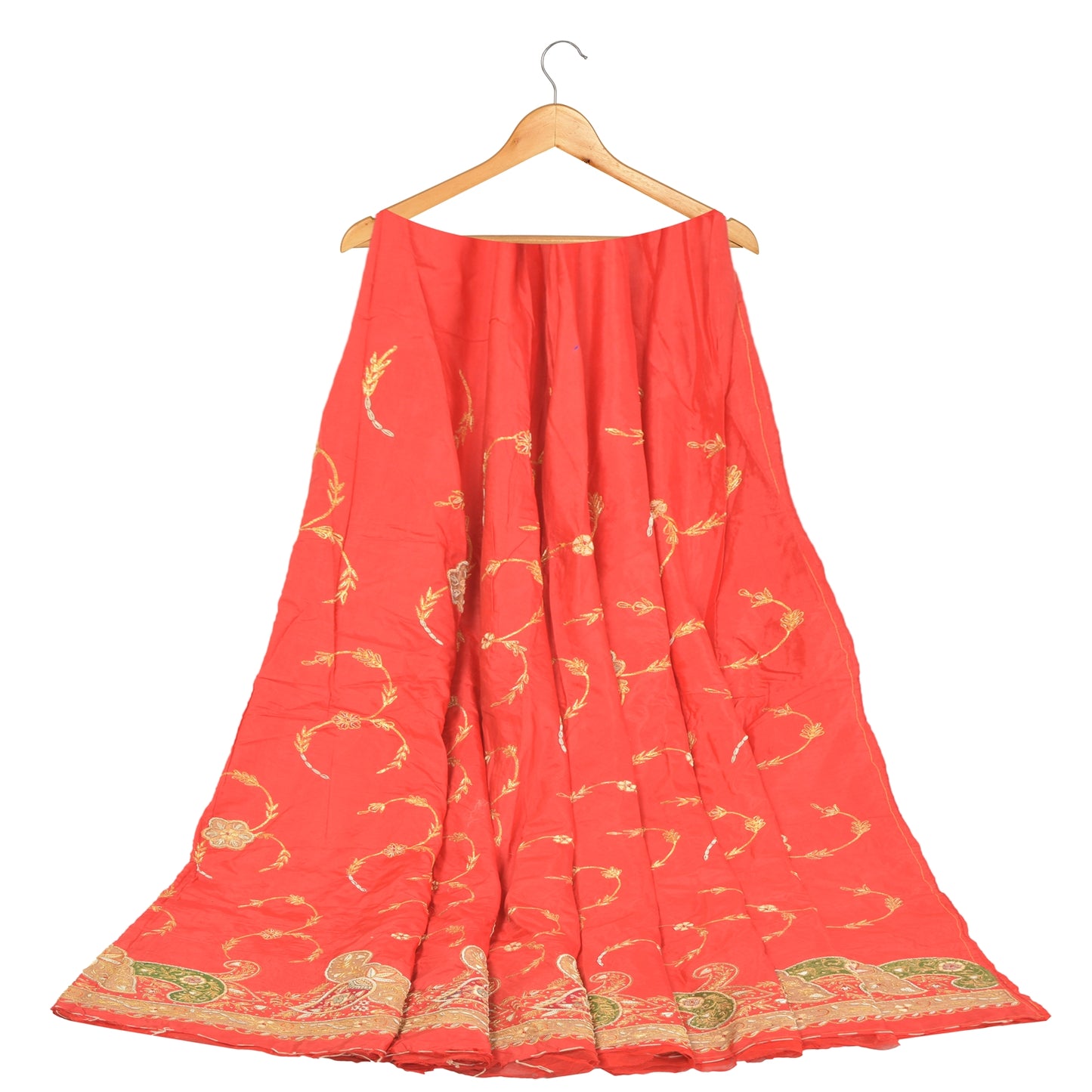 Sanskriti Vintage Long Skirt 100% Pure Silk Red Hand Beaded Unstitched Lehenga