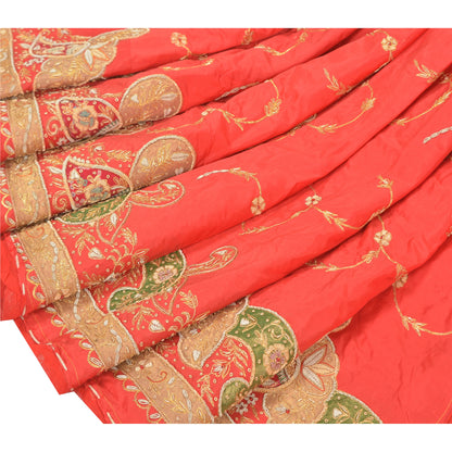 Sanskriti Vintage Long Skirt 100% Pure Silk Red Hand Beaded Unstitched Lehenga