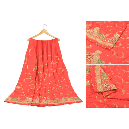 Sanskriti Vintage Long Skirt 100% Pure Silk Red Hand Beaded Unstitched Lehenga