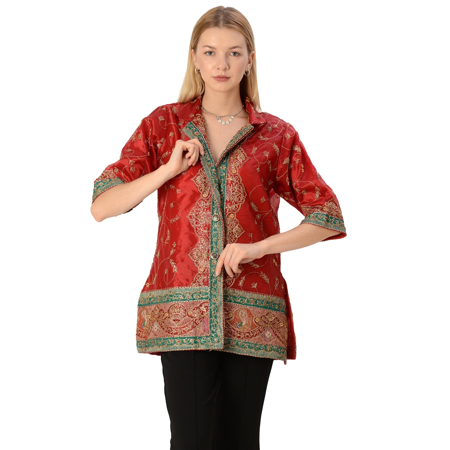 Sanskriti Vintage Limited Edition Red Green Upcycled Blazer