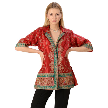 Sanskriti Vintage Limited Edition Red Green Upcycled Blazer