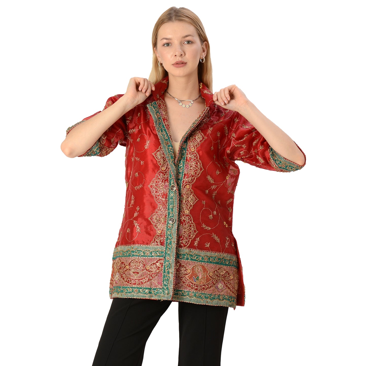 Sanskriti Vintage Limited Edition Red Green Upcycled Blazer