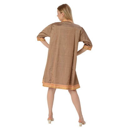 Sanskriti Vintage Limited Edition Upcycled Pure Silk Brown Notch Collar Dress