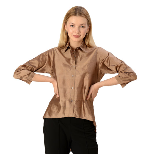 Sanskriti Vintage Limited Edition Upcycled Pure Silk Brown Shirt