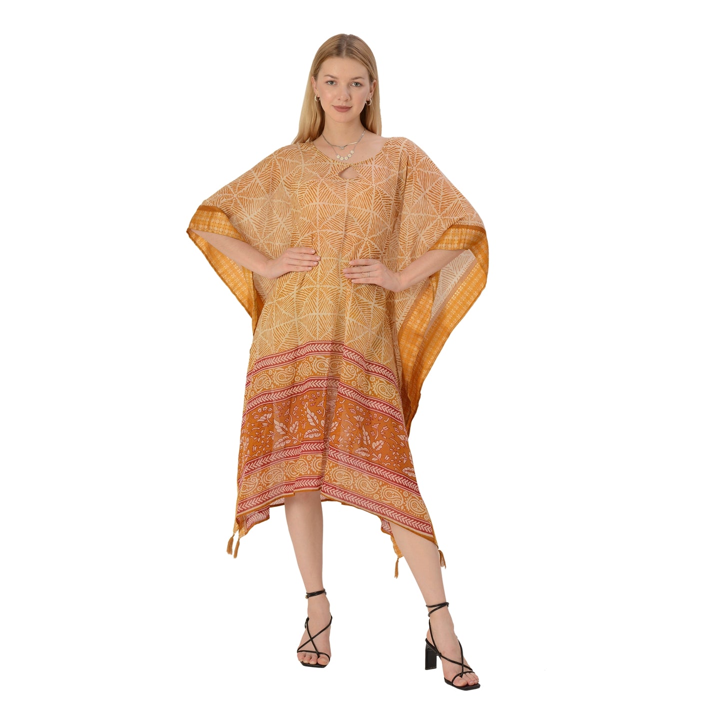 Sanskriti Vintage Limited Edition Keyhole Kaftan Upcycled Pure Cotton Free Size