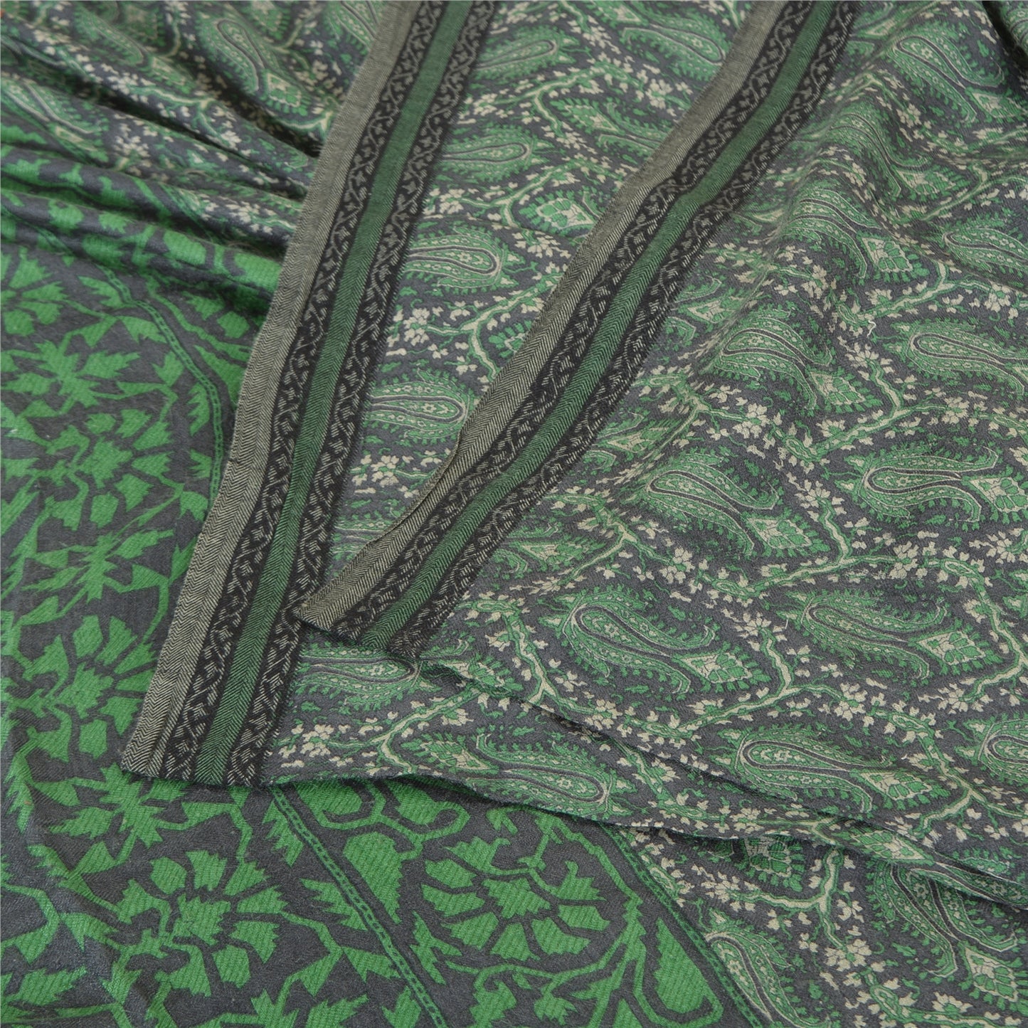 Sanskriti Vintage Sari 100% Pure Woolen Grey/Green Fabric Printed/Woven Sarees