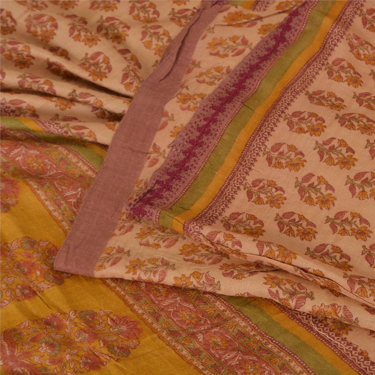 Sanskriti Vintage Sarees Light Brown Pure Woolen Printed Sari 5yd Craft Fabric