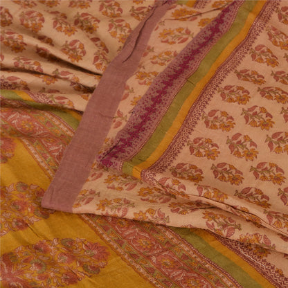 Sanskriti Vintage Sarees Light Brown Pure Woolen Printed Sari 5yd Craft Fabric