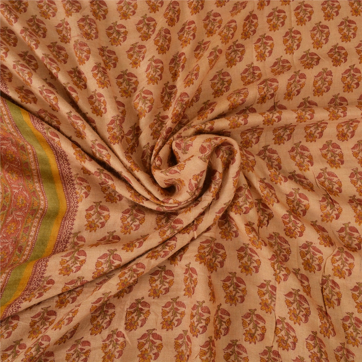 Sanskriti Vintage Sarees Light Brown Pure Woolen Printed Sari 5yd Craft Fabric