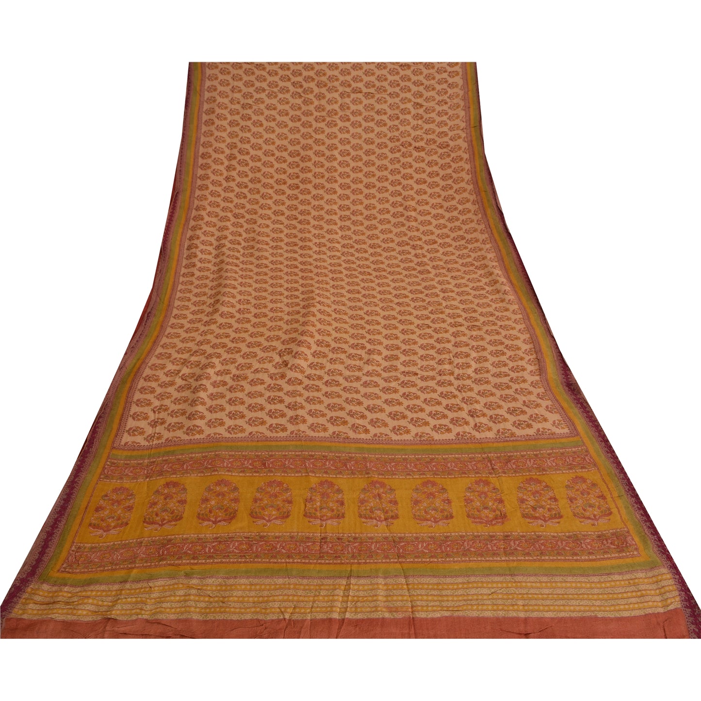 Sanskriti Vintage Sarees Light Brown Pure Woolen Printed Sari 5yd Craft Fabric