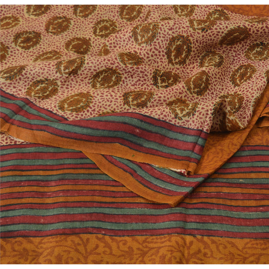 Sanskriti Vintage Sarees Saffron 100% Pure Woolen Printed Sari 5yd Craft Fabric