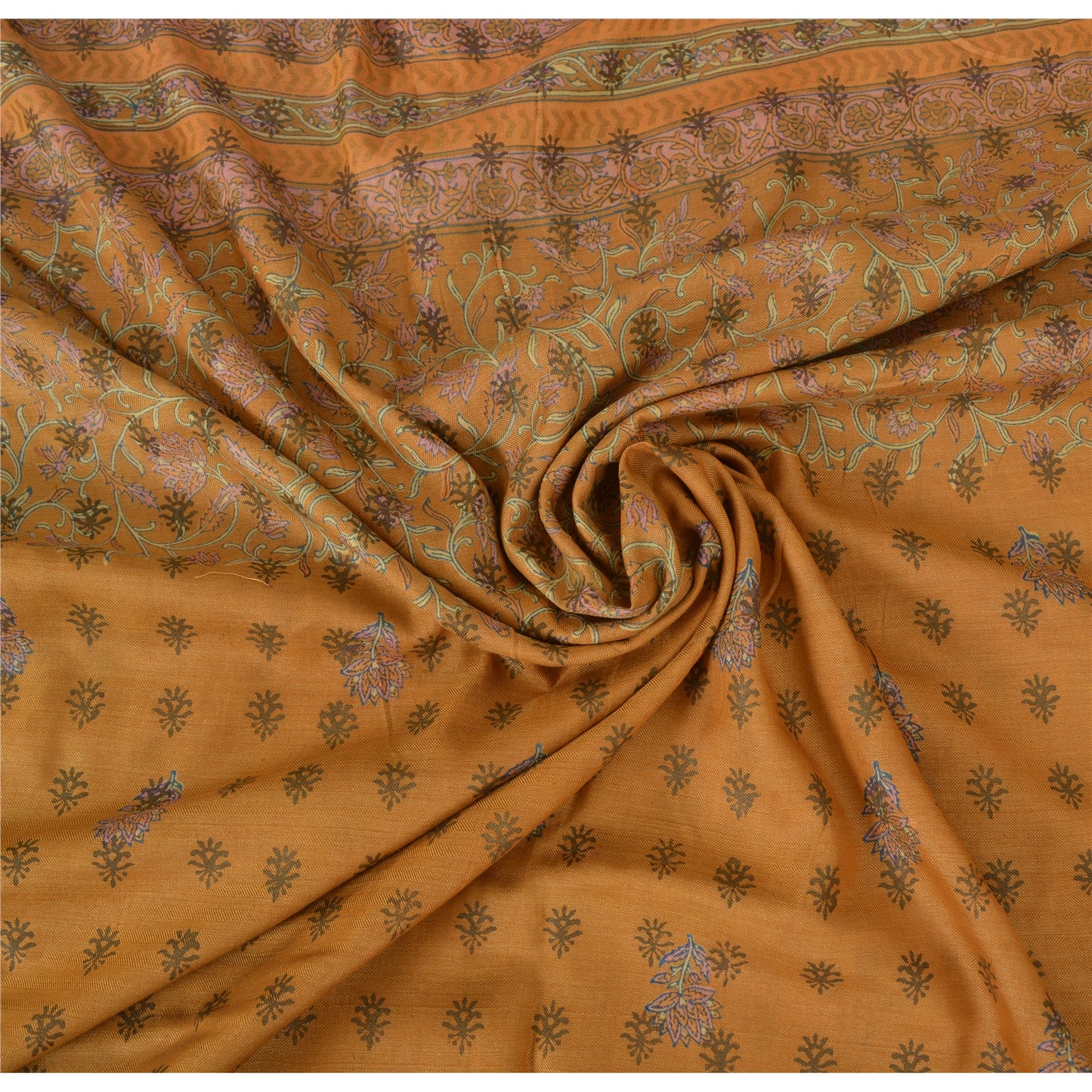 Sanskriti Vintage Sarees Indian Saffron Pure Woolen Print Sari 5yd Craft Fabric