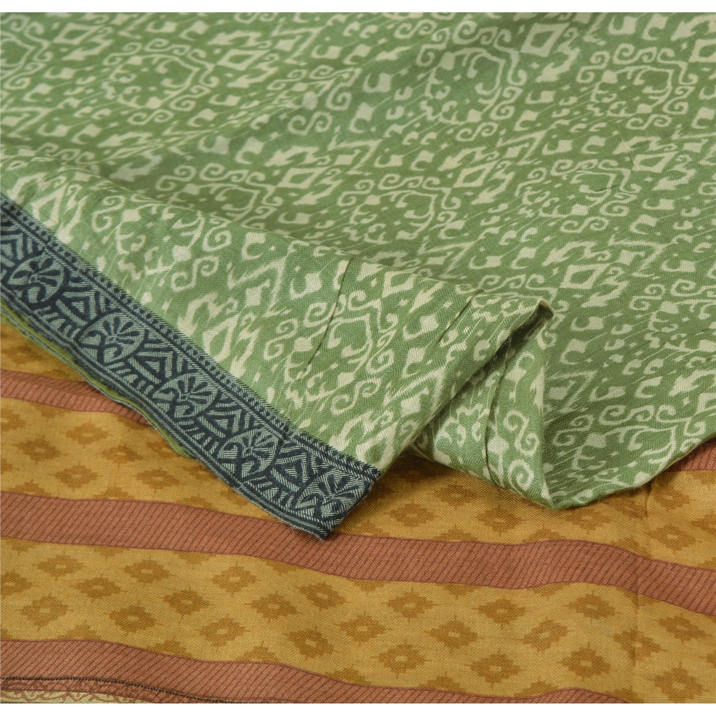 Sanskriti Vintage Sarees Indian Green Pure Woolen Printed Sari 5yd Craft Fabric