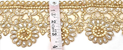 Sanskriti Vintage Hand Beaded Bridal Dress DIY Wedding Sash Applique 1 YD Trim Golden