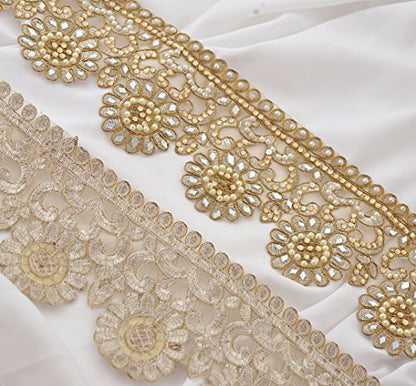 Sanskriti Vintage Hand Beaded Bridal Dress DIY Wedding Sash Applique 1 YD Trim Golden