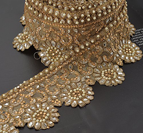 Sanskriti Vintage Hand Beaded Bridal Dress DIY Wedding Sash Applique 1 YD Trim Golden