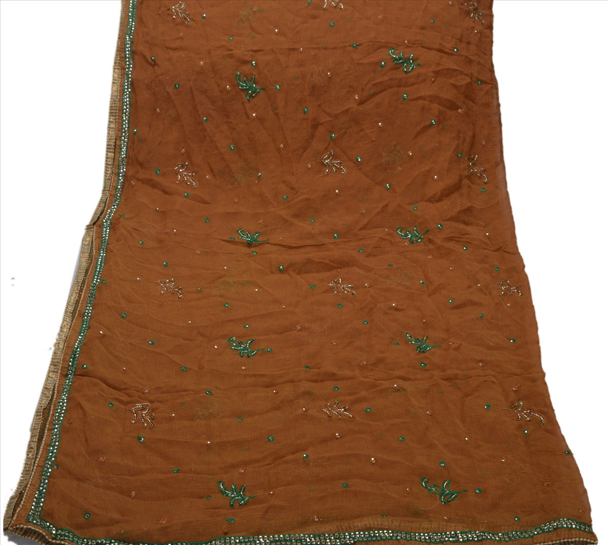 Sanskriti Vintage Dupatta Long Stole Chiffon Silk Brown Hand Beaded Wrap Veil