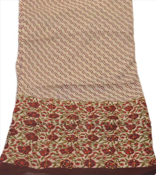 Sanskriti VINTAGE DUPATTA LONG SCARF GEORGETTE CREAM BROWN HAND EMBROIDERED KANTHA STOLE