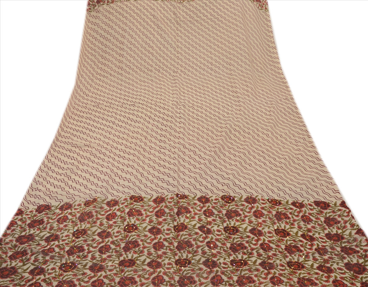 Sanskriti VINTAGE DUPATTA LONG SCARF GEORGETTE CREAM BROWN HAND EMBROIDERED KANTHA STOLE