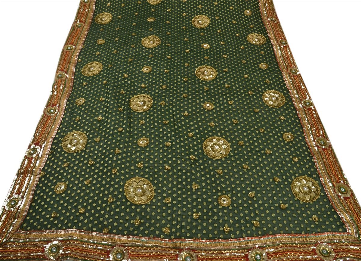 VINTAGE INDIAN SAREE GEORGETTE LEHENGA HEAVY SARI HAND BEADED PRE STITCHED WOVENSanskriti