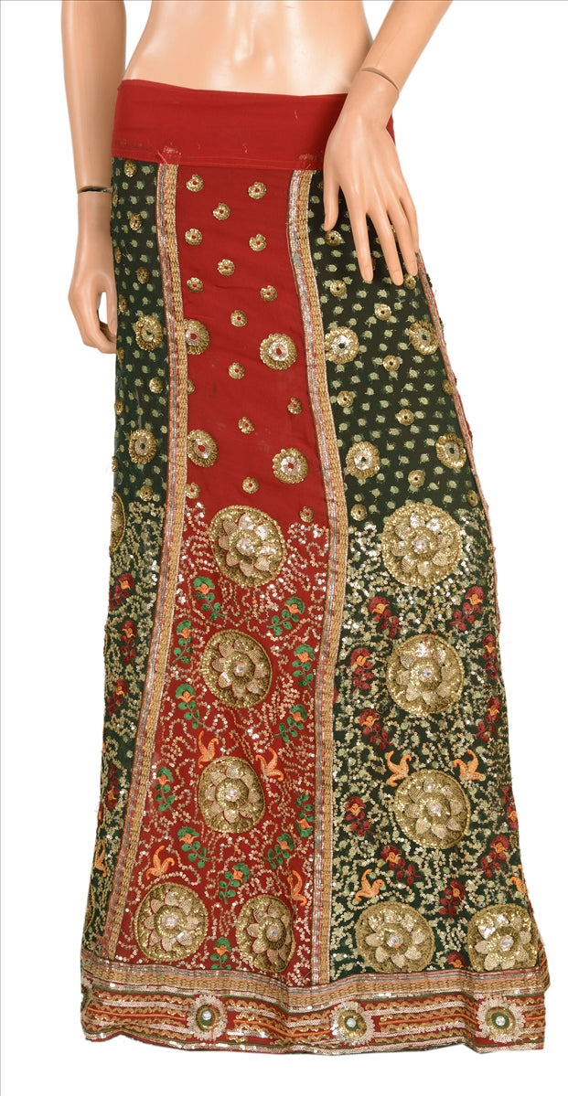 VINTAGE INDIAN SAREE GEORGETTE LEHENGA HEAVY SARI HAND BEADED PRE STITCHED WOVENSanskriti