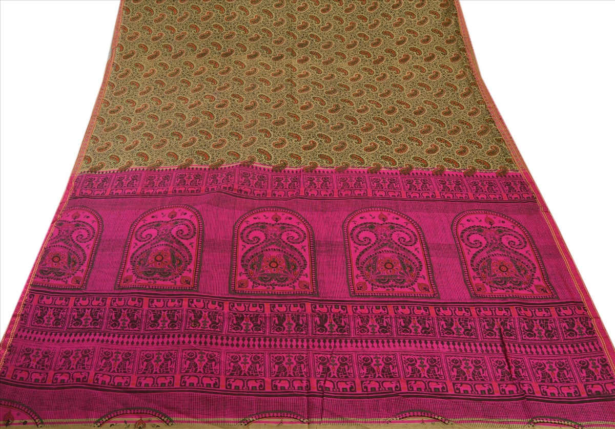 SANSKRITI VINTAGE INDIAN SAREE ART SILK BROWN PINK SARI FABRIC PAINTED ELEPHANT