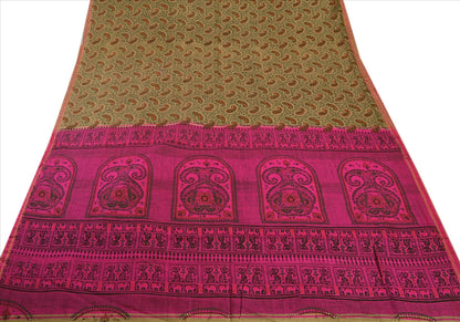 SANSKRITI VINTAGE INDIAN SAREE ART SILK BROWN PINK SARI FABRIC PAINTED ELEPHANT