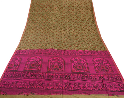 SANSKRITI VINTAGE INDIAN SAREE ART SILK BROWN PINK SARI FABRIC PAINTED ELEPHANT