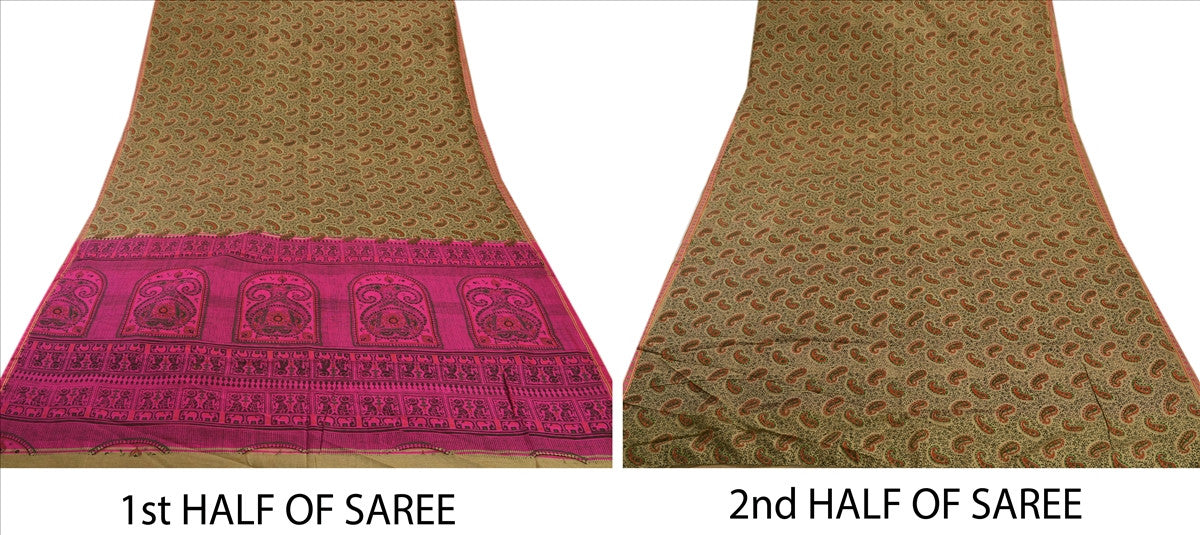 SANSKRITI VINTAGE INDIAN SAREE ART SILK BROWN PINK SARI FABRIC PAINTED ELEPHANT