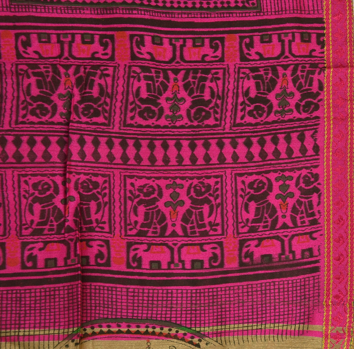 SANSKRITI VINTAGE INDIAN SAREE ART SILK BROWN PINK SARI FABRIC PAINTED ELEPHANT