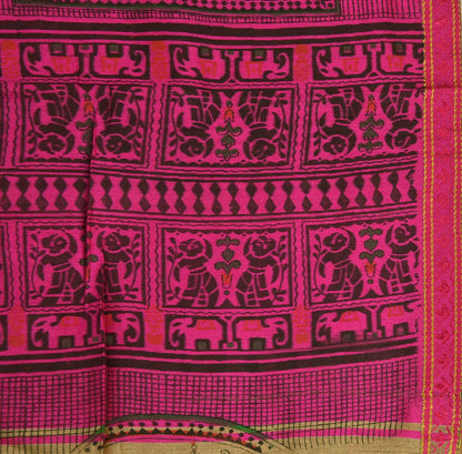 SANSKRITI VINTAGE INDIAN SAREE ART SILK BROWN PINK SARI FABRIC PAINTED ELEPHANT