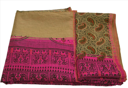 SANSKRITI VINTAGE INDIAN SAREE ART SILK BROWN PINK SARI FABRIC PAINTED ELEPHANT