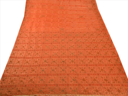 SANSKRITI VINTAGE INDIAN SAREE PURE SILK ORANGE SARI FABRIC HAND BEADED ZARI