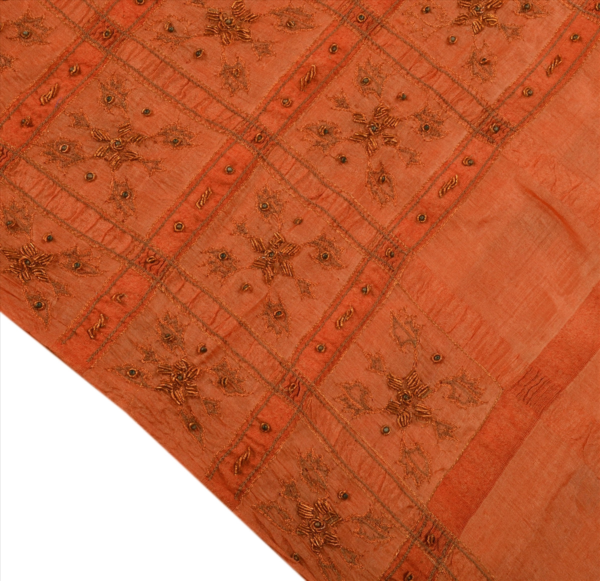 SANSKRITI VINTAGE INDIAN SAREE PURE SILK ORANGE SARI FABRIC HAND BEADED ZARI