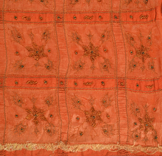 SANSKRITI VINTAGE INDIAN SAREE PURE SILK ORANGE SARI FABRIC HAND BEADED ZARI