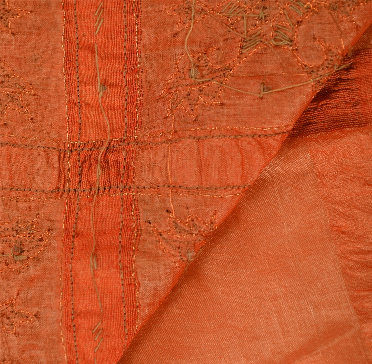 SANSKRITI VINTAGE INDIAN SAREE PURE SILK ORANGE SARI FABRIC HAND BEADED ZARI