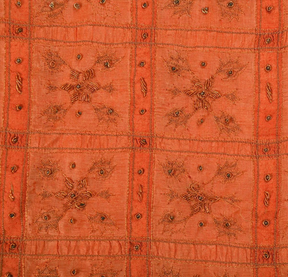 SANSKRITI VINTAGE INDIAN SAREE PURE SILK ORANGE SARI FABRIC HAND BEADED ZARI