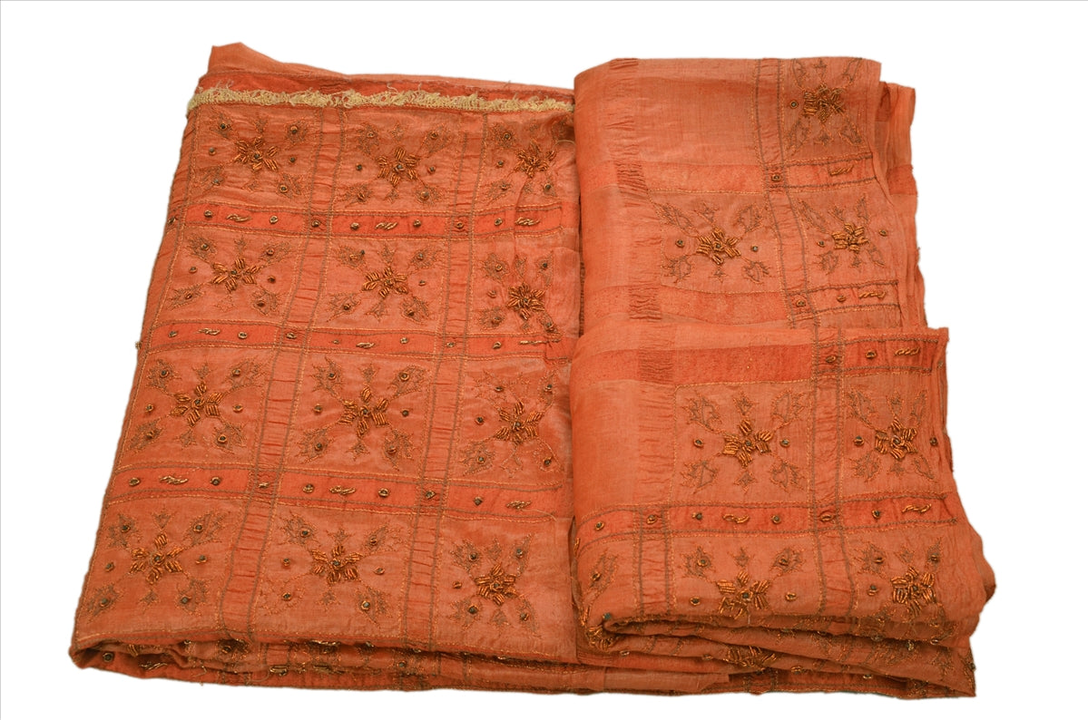 SANSKRITI VINTAGE INDIAN SAREE PURE SILK ORANGE SARI FABRIC HAND BEADED ZARI