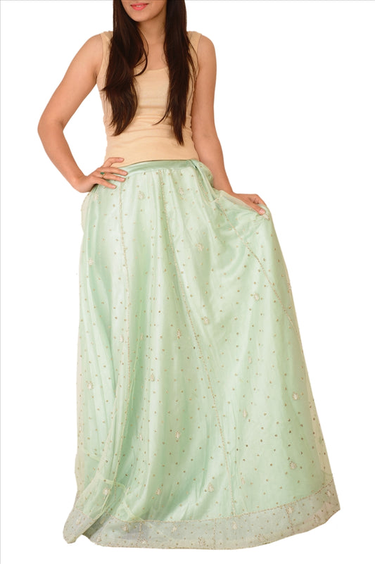 Sanskriti Vintage Indian Bollywood Women Long Skirt Hand Beaded Green L Size Lehenga