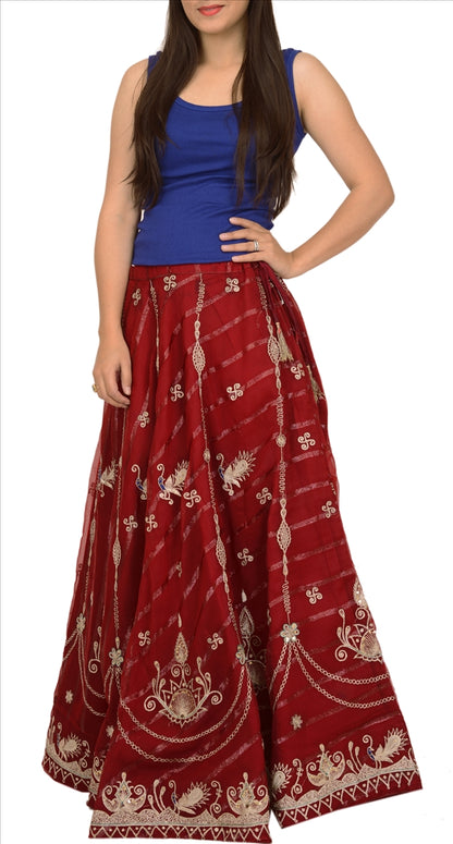 Sanskriti Vintage Indian Bollywood Women Long Skirt Hand Beaded Maroon M Size Lehenga